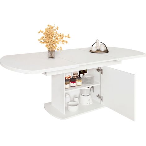 Table à manger ovale extensible avec rangement, plateau 140/200 x 80 x 75 cm, blanc et poignée argentée, idéale pour repas et bureau  CHICFURN (1/5)