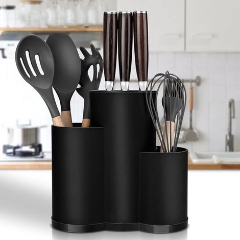 Porte-couteaux 3 en 1 - Organisateur de couverts et de ciseaux - Sûr et bien rangé - Couteaux non inclus - Noir (1/5)