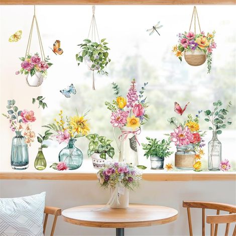 Fensteraufkleber mit Frühlings- und Sommerblumenmotiven und Schmetterlingen, statische Fensteraufkleber mit Blumenvasen, stoßfest für die Dekoration von Glastüren und Wohnräumen (1/5)