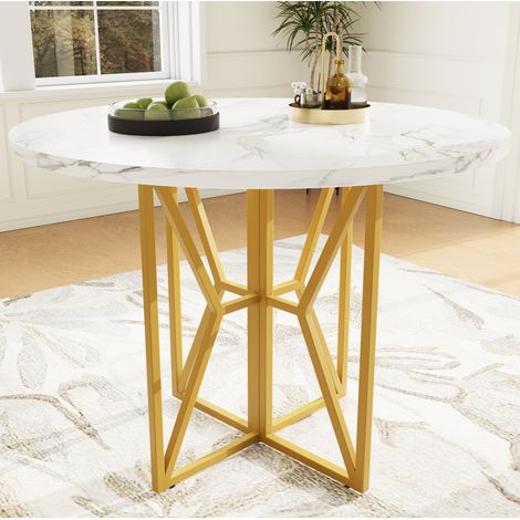 Tavolo rotondo da pranzo in MDF effetto marmo e metallo oro 80x80x76 cm (1/5)