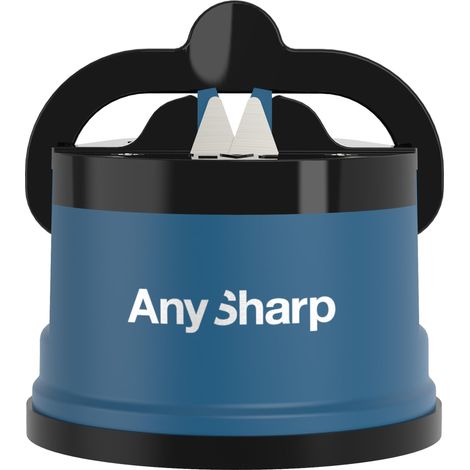 AnySharp Affilacoltelli, Sicurezza Mani Libere, Potente Suzione PowerGrip, Affila Sicuramente Tutti i Coltelli da Cucina, Ideale per Acciaio Temperato e Dentati, Il Migliore del Mondo, Blu (1/5)