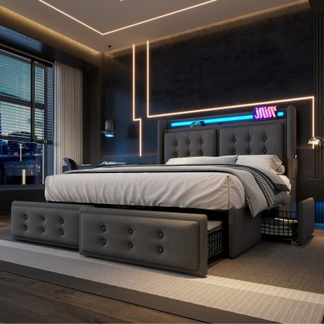 Lit double 160 x 200 avec tête de lit led, usb-c, 4 tiroirs, cadre métal et bois, gris, avec matelas (1/5)