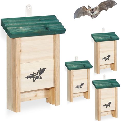 Relaxdays Nichoir à chauves-souris, lot de 4, bois non traité, H x L x P : 25 x 18 x 6 cm, naturel/vert