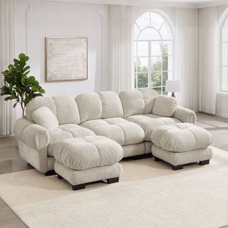 Canapé d'angle 3 places Cloud avec pouf détachable et 2 coussins décoratifs, matelassé chic, assises épaisses moelleuses et soutenantes, montage simple, parfait pour séjour, teinte kaki clair (1/5)