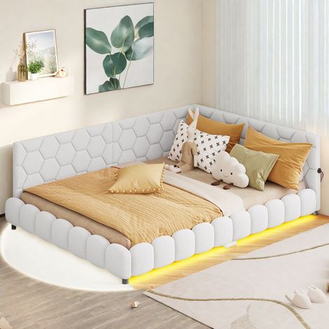 Canapé-lit 140200cm, lumière ambiante 16 couleurs, port USB, lit moelleux, lit multifonctionnel, lit d'appoint, lit jeune, sommier à lattes, matelas non inclus, blanc (1/5)