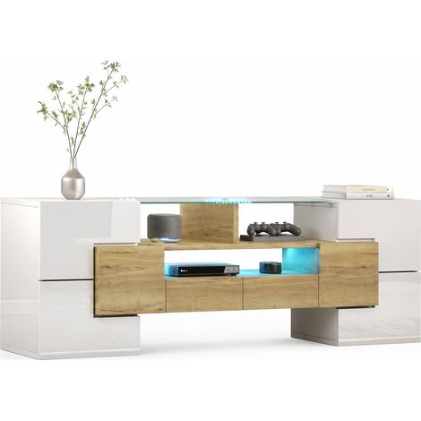 Mobile TV LED bianco lucido con 6 ante, 2 cassetti e 3 vani, superficie in vetro, 145 cm, illuminazione multicolore, stile moderno CHICFURN (1/5)
