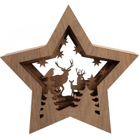 Decorazione luminosa a forma di stella in legno con renna, 10 LED, 28 cm. (1/4)