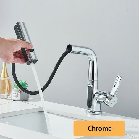 WASCHTISCHARMATUR mit Temperatur-Digitalanzeige, anhebbarer Kran, heißer und kalter, Chrom