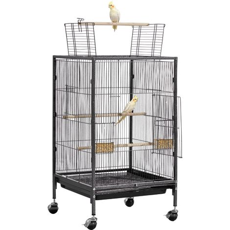Cage Oiseau 46x46x77 cm Volière Oiseaux Toit Plat Ouvert Cage Perroquet sur Pied Roues pour Mésange Bleue Calopsitte Canari Perruche Ondulée Conure, avec Perchoirs Plateau Coulissant Mangeoires (1/5)