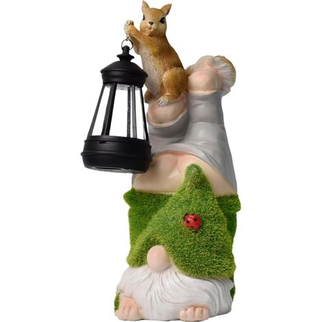 Statues de Nains de Jardin Nain Écureuil Porte Lanterne Solaire Déco (1/5)