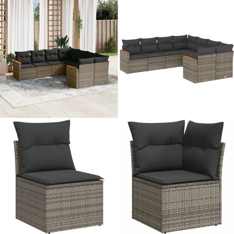 Salon de jardin 8 pcs avec coussins gris résine tressée - Ensemble Salon De Jardin - Mobilier Extérieur - Meubles De Jardin - Salon De Jardin Pliable - Chaise Longue - Home & Living (1/5)