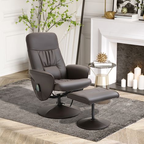 Sillón reclinable con reposapiés, sillón giratorio para TV con 10 puntos de masaje, función reclinable, sillón de masaje con mando a distancia, bolsillo lateral, sillón para TV, piel sintética, marrón (1/5)