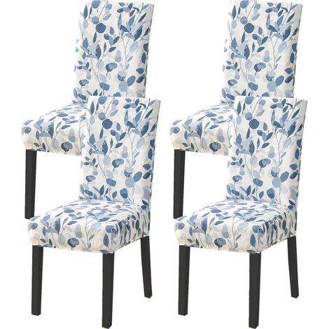 Stuhlhussen 4er Set, Stretch, abnehmbar, waschbar, blaue Blätter (1/5)