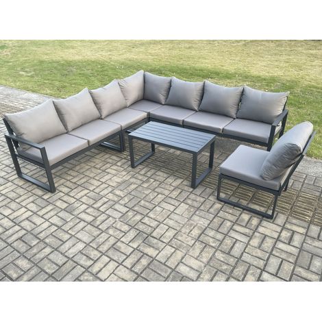 Fimous Aluminium 8 Seater Patio Outdoor Garden Furniture Lounge Corner Sofa Set with Oblong Coffee Table Dark Grey (1/5)