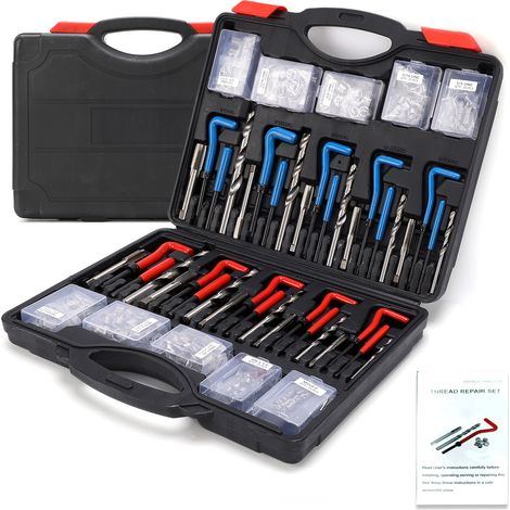 Kit de réparation de filetage hélicoïdal de 261 pièces, insert en acier métrique SAE pour moteurs automobiles, M5, M6, M8, M10, M12, 1/4, 5/16, 3/8, 7/16, 1/2 pouce, avec jauge de taraudage et forets. (1/5)