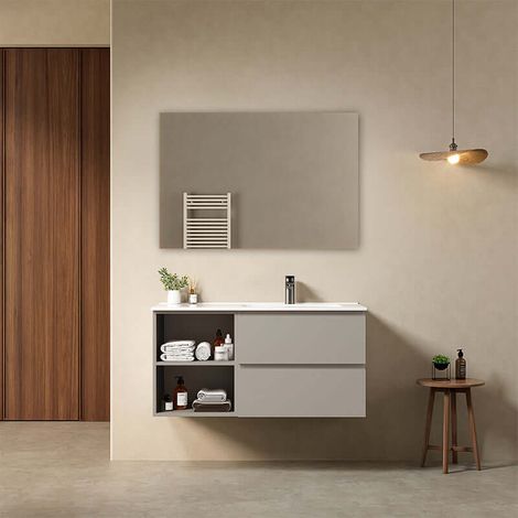 Mobile bagno sospeso 100 cm Grigio Cenere Lavabo a Destra in Ceramica Specchio Quadro - Fiji Paint Plus