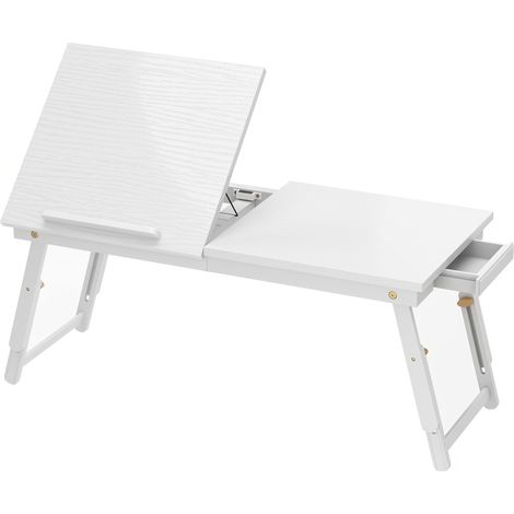 Table de chevet pliable en bambou blanc, support réglable pour ordinateur portable, plateau inclinable 83,5x33x34 cm (1/5)