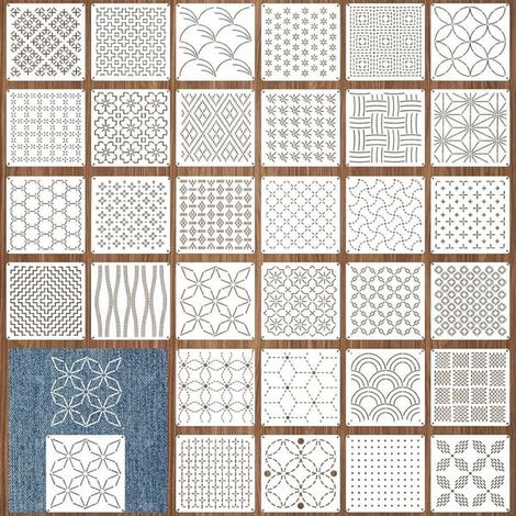 Ensemble de 32 pochoirs Sashiko de 13 x 13 cm pour motifs de broderie géométrique et matelassage à la main avec stabilisateurs