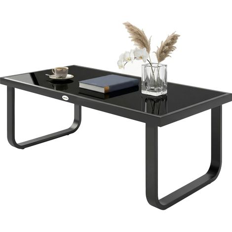 Table Basse de Jardin Rectangulaire, Pieds Incurvés, Plateau en Verre Trempé, pour Terrasse Balcon, 90x45x33cm, Noir (1/5)