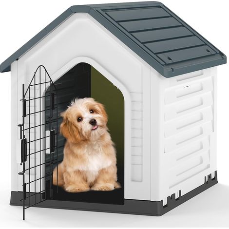 GOPLUS Niche pour Chien Exterieur 67×52×60 CM, Cabane Chien Exterieur en PP Imperméable avec Porte Grillagée Verrouillable, Toit Incliné et Plancher Surélevé, Aérations à Côtés, Abri Chiot (Gris) (1/5)