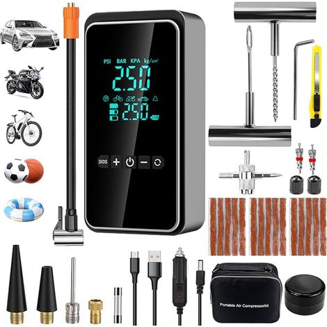 Compresseur à Air Portatif, Gonfleur Pneus Voiture avec Kit de Réparation de Pneus, Gonfleur Pneus Voiture sans Fil, Mini Pompe Electrique pour Voiture, Moto, Vélo, Balle (1/5)