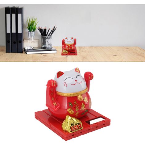 Figurine de Chat Fortune Lucky Fat Solar Red XL - Chat Maneki Neko Solaire Rouge Porte-Bonheur à Bras Mobile pour Décor Bureau Maison (1/5)