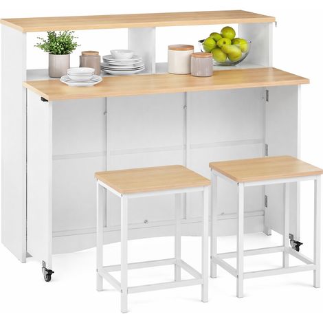ELVMI Kücheninsel mit 1 Klappplatte, 2 Feststellrollen und 2 Hockern für Küche und Esszimmer, Weiß (1/5)