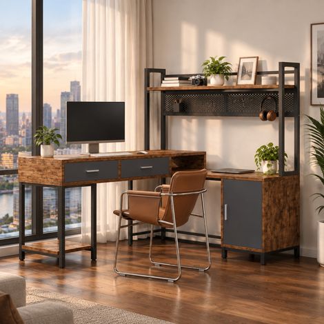 Scrivania angolare a L 140 x 140 cm con vani portaoggetti, nero e legno DESVIAE (1/5)