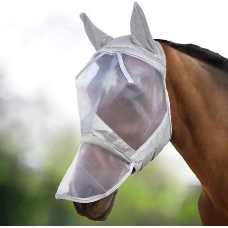 Masque anti-mouches intégral pour cheval Protège visage nez et oreilles Polaire en nylon rembourré Protection UV, Argenté brillant