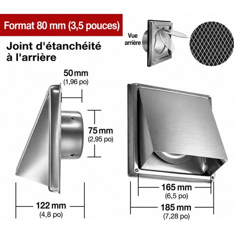 Grille d'aération murale carrée 80 mm inox 304 avec clapet anti-retour et grille 80mm réf 7722 19 × 18,5 × 12 cm 458 g – Livraison gratuite