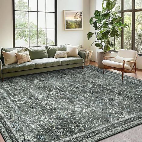 Tapis Salon 160x230 cm Lavable en Machine Vert Tapis de Chambre Adulte avec Dos Antidérapant Grand Tapis Vintage Oriental Persan à Poils Courts pour Salon Salle a Manger Décoration (1/5)