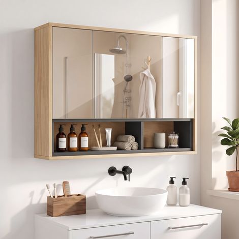 Meuble salle de bain avec miroir, armoire toilettes murale avec placards à 3 portes et 8 compartiments, chêne (1/5)