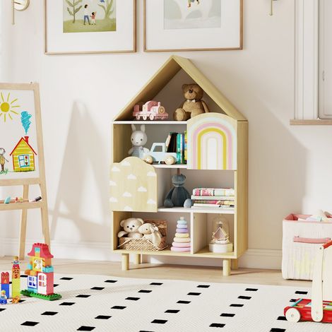 Bibliothèque pour Enfants Étagère en Forme de Maison avec 2 Portes Système Anti-basculement & Pieds en Bois Massif Naturel (1/5)