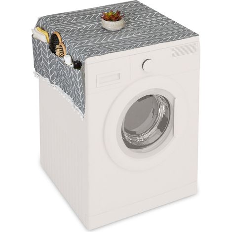 Relaxdays Washing Machine Cover with Pockets, Multi-purpose Storage Cloth, Refrigerators and Tumble Dryers, Grey/Cream (1/5)