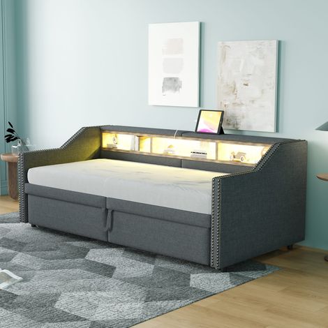 Lit banquette extensible 90180x200 cm avec led, usb, rangement, 2 matelas ressorts et sommier , gris foncé (1/5)