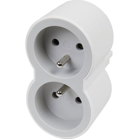 Fiche Multiprise Biplite - 2 Prises Frontales avec Terre - Positionnement Vertical - Sécurité Enfant Intégrée - Blanc et Gris Clair (1/4)