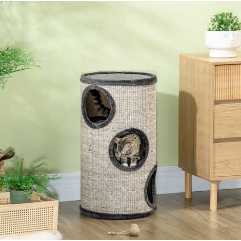 Árbol rascador para gato de 3 niveles, sisal, 38 x 38 x 70 cm, gris claro OKMYHOME (1/5)