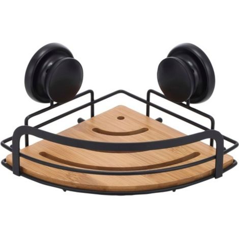 Estante Cesta de ducha de esquina MEGA SUCTION Bambú y Acero Negro mate MSV