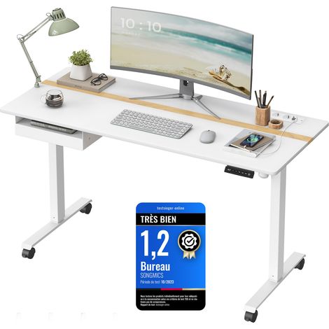 Bureau Électrique Réglable en Hauteur, Bureau Assis-Debout, Surface 60 x 140 cm, Réglable en Continu, Fonction Mémoire de 4 Hauteurs, Blanc (1/5)