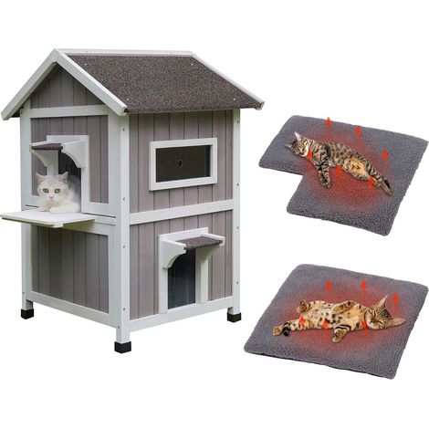 Niche pour chat d'extérieur résistante aux intempéries - Maison sauvage à 2 étages avec balcon et porte d'évacuation - Abri en bois pour petits animaux - Gris (1/5)