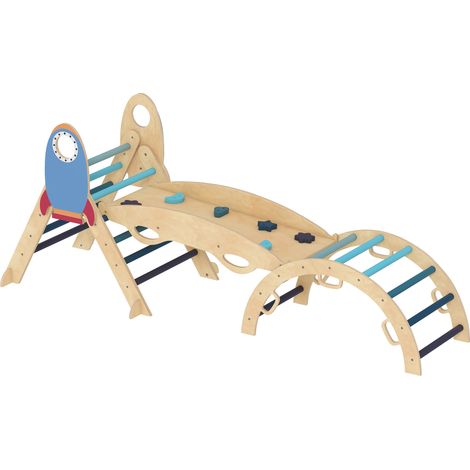 Triangle d avec arche et rampe pliable leu pour salon d'escalade Montessori bois thème fusée, rampe, enfants mois Bleu (1/5)