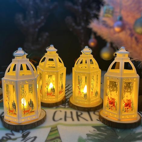 4 Pièces Lanternes Décoration Noël Personnalisée, Lanterne LED Noël Suspendue, Lampe à Bougie Deco Noel Interieur Extérieure avec Arbre Bonhomme Neige,Lumière Blanc Chaud ,13x7 cm (1/5)