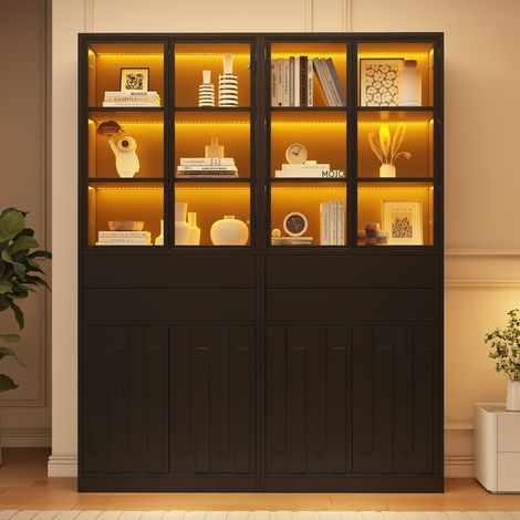 Set di 2 vetrine 140x34x180 cm in truciolare nero con LED per soggiorno – MEUBLIV