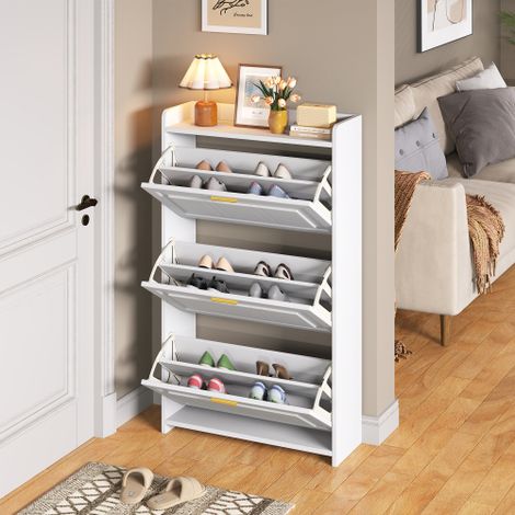 Meuble à chaussures (avec 3 portes basculantes)  Meuble à chaussures d'entrée (avec 6 compartiments)  Meuble décoratif  Matériau : MDF  Finition thermopressée  Largeur réglable (1/4)