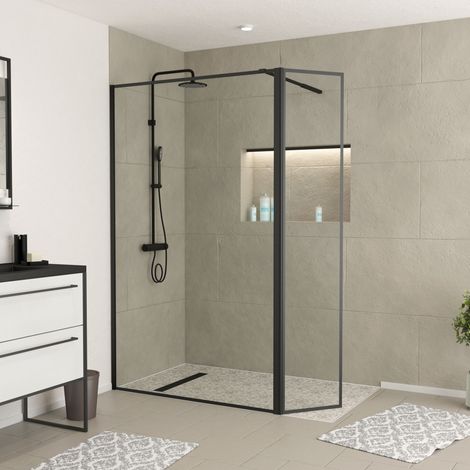 paroi de douche avec volet pivotant - cadre et bras alu. noir mat - 120+40x200cm - dark contouring