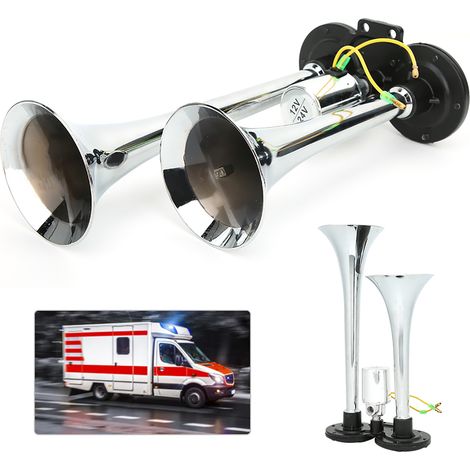 Avertisseur Pneumatique Double Trompe 130dB 12V/24V pour Voiture Camion Poids Lourd Train Klaxon ABS Métal (1/5)