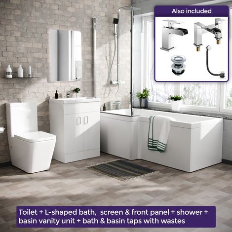 Cann L-Shaped Left Handed Bath Set, Close Coupled Toilet, 600mm Floor Standing Vanity Basin Unit White, Tap & Shower Suite (1/5)