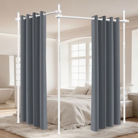 Randaco Raumteiler Paraventgestell Gardinenstange, 1,22-3,05M Höhenverstellbar Gardinenständer Flexibel Raumtrenner Gestell, Breite 70-355CM Verstellbar 5-Stangen Weiß