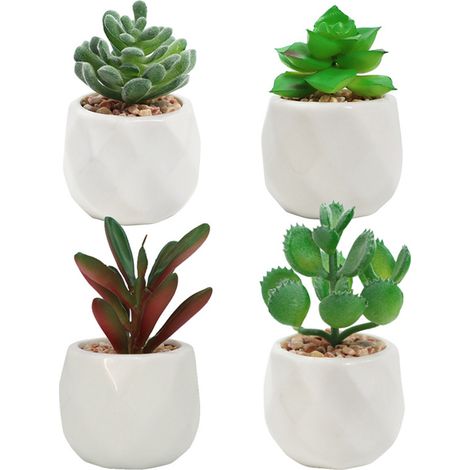 Pots En Céramique Géométriques Avec Succulentes Réalistes - Décoration Intérieure Moderne Pour Bureau Et Salon - Ensemble De 4 Pièces (1/5)
