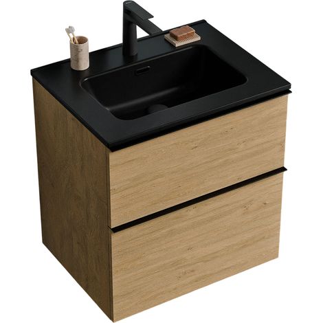 BERNSTEIN - Muebles de baño suspendidos, muebles de cuenca negra 2 cajones - 5 años Garantía - Mango de metal cromado - 64x61x47cm - Oak - Lavoa Negro mate, cromo, Roble Miel Oro (1/5)
